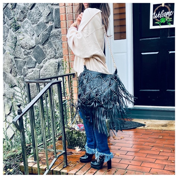 #35 Culture Riot Dakota Bohemian Leather Fringe Bag, Black - Picture 3 of 5